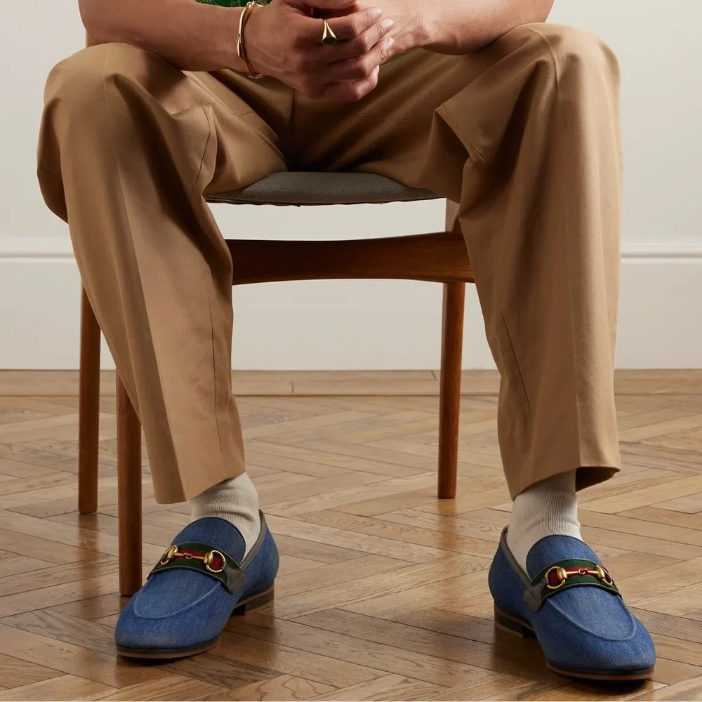 Gucci Blue Denim Horsebit Loafers with Green and Red Web